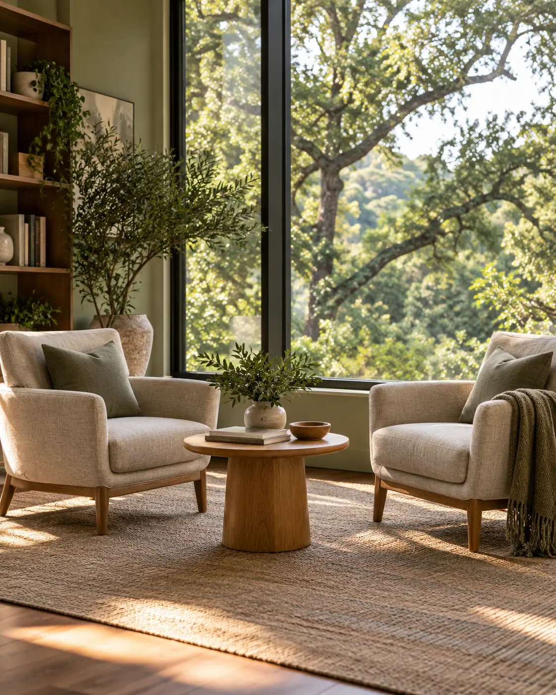 Two chairs in a quiet sunlit room, with space for a conversation